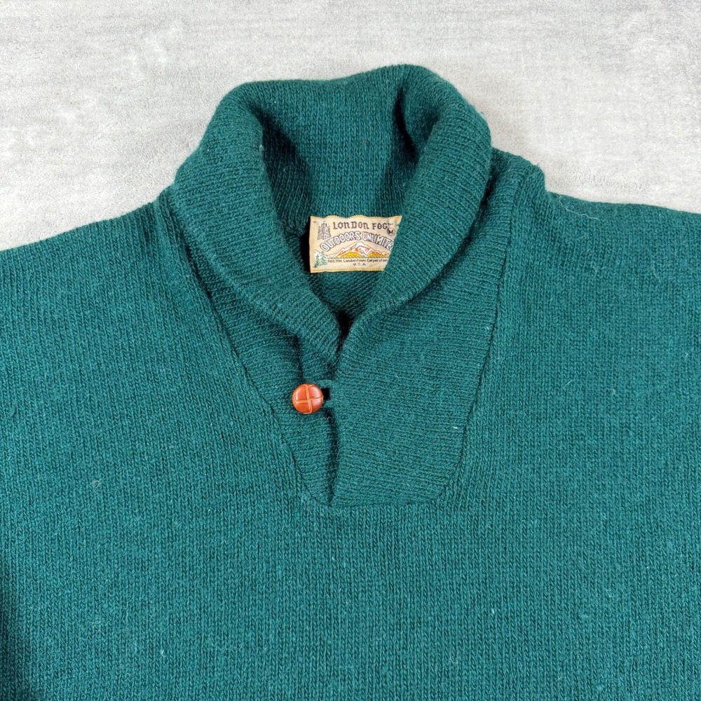 London Fog Sweater Mens Medium Green Vintage 80s Shawl Collar Knit Pullover - Picture 2 of 8